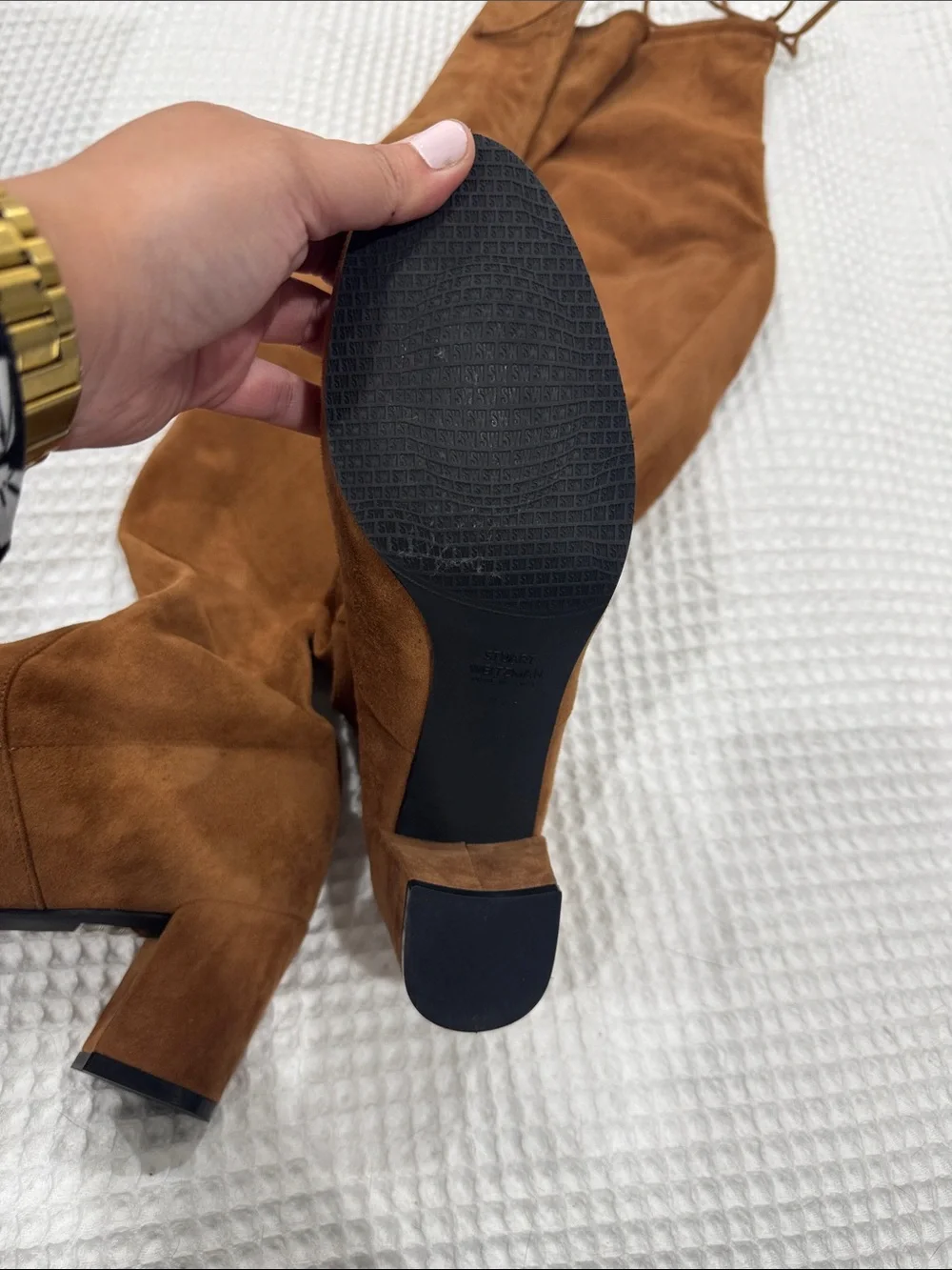 Stuart Weitzman Over-the-Knee Block Heel Boots in Brown Suede